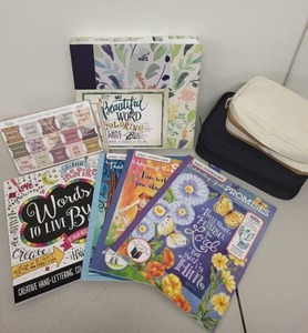 lot 11L image: Bible Journaling Set with Markers, Highlighters, Bible Tabs, Coloring Books and Tote Bags