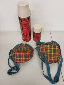 lot 12L image: Vintage Thermos and Plaid Metal Canteen Set