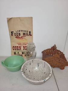 lot 17L image: Vintage Kitchenware Collection with Texas Ware Bowl, Fire-King Cup, Glass Jar, and Feed Mill Sack