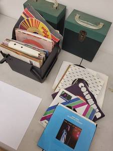 lot 31L image: Collection of Vintage 45 RPM Records with Storage Cases and Index Cards