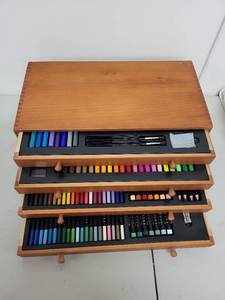 lot 36L image: Wooden Art Supply Chest with Assorted Drawing Tools and Pastels