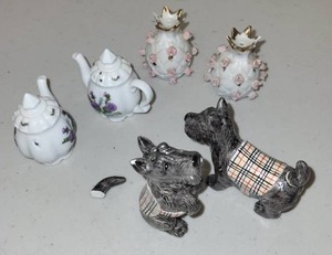 lot 42L image: Set of 6 Decorative Salt and Pepper Shakers - Porcelain Floral and Dog Designs