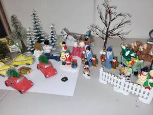 lot 47L image: Collection of Christmas Village Figurines, Vehicles, and Decorations