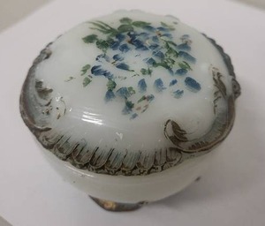 lot 61L image: Antique Milk Glass Trinket Box with Blue Floral Design
