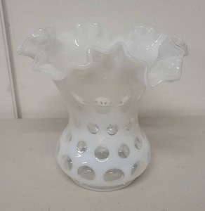 lot 62L image: Vintage White Milk Glass Vase with Ruffled Top and Hobnail Design