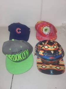 lot 74L image: Lot of 4 Snapback Hats - Brooklyn, Chicago Cubs, Eyeball, and Patterned NEFF