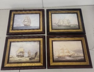 lot 82L image: Set of 4 Framed Nautical Ship Prints with Gold Trim