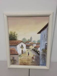 lot 94L image: Framed Ricardo Moeller Village Scene Oil Painting 16x12