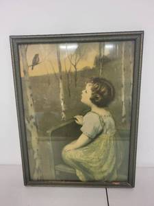 lot 95L image: Framed Vintage Print of Girl Watching Bird with Rustic Frame