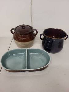 lot 111L image: Set of 3 Vintage Stoneware Crocks and Divided Dish USA Pottery
