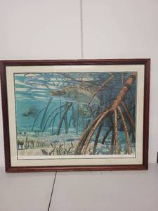 lot 115L image: Framed Don Ray Signed Fish Artwork Print 39x28 Inches