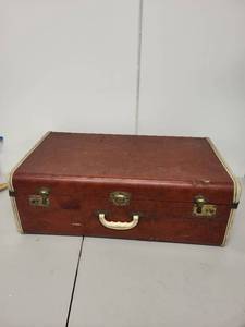 lot 116L image: Vintage Brown Suitcase with Brass Hardware and Fabric Lining