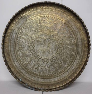 lot 2AE image: Large Engraved Brass Charger Tray with Middle Eastern Motif, 35 Inches