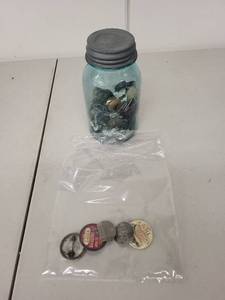 lot 17AE image: Vintage Ball Mason Jar with Assorted Buttons and Minnesota Chauffeur Badges