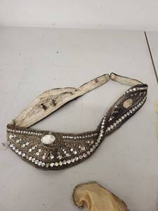 lot 24AE image: Vintage Costume Set with Sequin Shawl, Fabric, and Embellished Headpiece