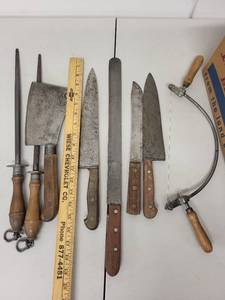 lot 41AE image: Vintage Butcher Knife Set with Steel Sharpeners, Cleaver and Meat Saw