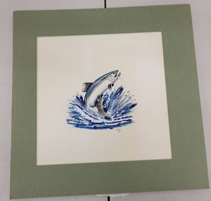 lot 53AE image: Signed Block Print of Leaping Fish with Mat, 12x12 Inches