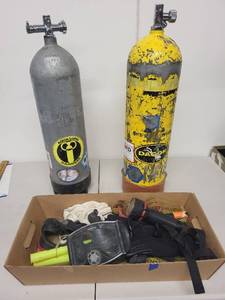 lot 74AE image: Lot of 2 Vintage Scuba Tanks with Regulators and Diving Accessories