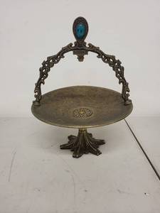 lot 78AE image: Vintage Brass Pedestal Dish with Ornate Handle and Blue Accent Made in Israel