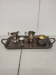 lot 82AE image: Silver Plated Tea Set with Tray, Creamer, Sugar Bowl, and Accessories