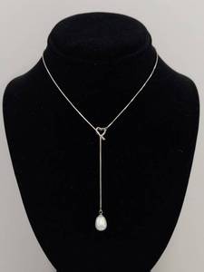 lot 12Q image: Sterling Silver Lariat Style Heart & Pearl Necklace