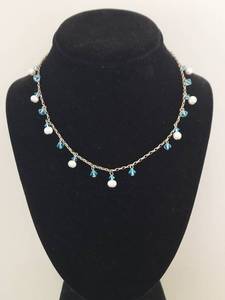 lot 39Q image: Sterling Silver Chain Necklace with Blue Crystals and White Pearls