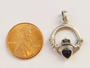 lot 81Q image: Sterling Silver Claddagh Pendant with Black Heart Stone
