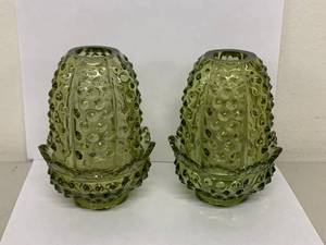lot 2V image: Pair of Fenton Hobnail Fairy Lamps - Vintage Green Glass