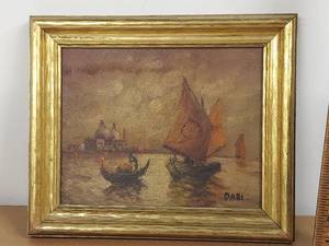 lot 1U image: Vintage Signed Landscape Painting of Boats on Water