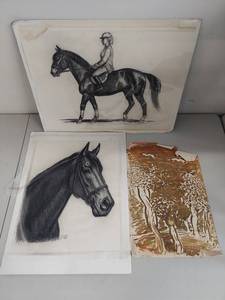 lot 18U image: Three Artworks Charcoal Horse Drawings R Ramstad & Bill Sucke Print