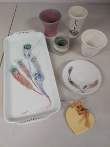 lot 28U image: Decorative Pottery Lot Serving Tray and Assorted Cups