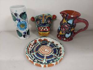 lot 32U image: Colorful Hand-Painted Ceramic Vase, Jug, Plate, and Mask