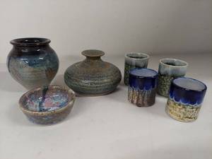 lot 36U image: Set of 7 Artisan Ceramic Vases and Cups with Unique Glazes