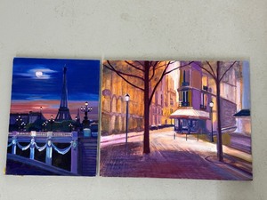 lot 45SC image: Set of 2 Original Canvas Paintings Featuring Parisian Night Scenes