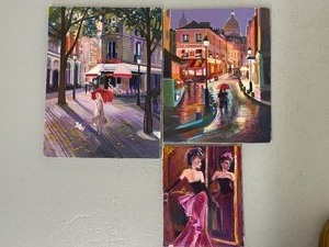lot 46SC image: Set of 3 Signed Lisa Vorce-Cage Parisian Scene and Portrait Canvas Paintings