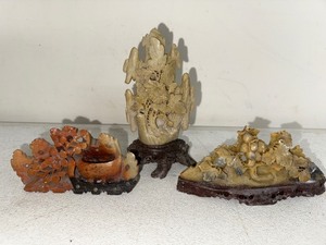lot 76SC image: Set of 3 Vintage Chinese Soapstone Carvings with Wood Bases