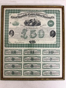 lot 13SC image: Antique Framed United States Great Republic Gold and Silver Mining Stock Certificate with Coupons