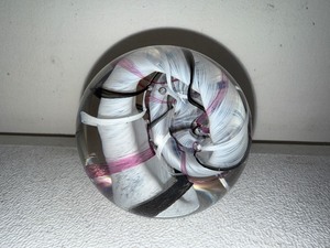 lot 96SC image: Signed Art Glass Paperweight with Swirled White, Black, and Pink Design