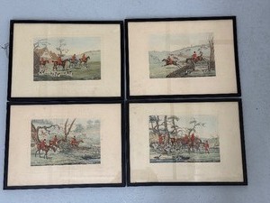 lot 40SC image: Set of 4 Framed Vintage Fox Hunting Prints with Horses and Hounds
