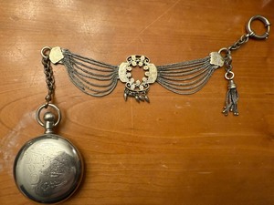 lot 14 image: Vintage Elgin Pocket Watch on Ornate Multi-Chain Necklace with Fob & Locomotive Engraving