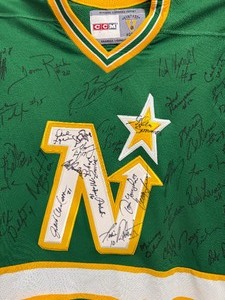 Signed CCM Vintage Minnesota North Stars Hockey Jersey, Adult Large Over 35 Signatures including Tom Reid, Lou Nanne, Bill Butters