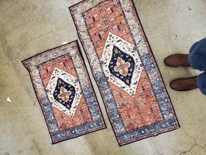 lot 14 image: Rugs - Persian-Style Runner Pair, Orange Field & Navy Border