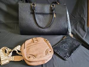 lot 23 image: Tote Bag, Round Tan Crossbody Bag & Black Zip Clutch - Textured Leather Look