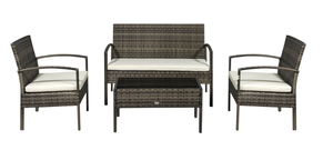 lot 7 image: Outsunny Patio Furniture Set, 4 Piece Indoor Outdoor PE Wicker Conversation Set with Chairs, Loveseat Sofa, Cushions, Glass Table for Backyard, Sunroom, Pool, Garden, Light Gray