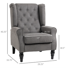 lot 33 image: HOMCOM Wingback Accent Chair for Living Room, Button-Tufted Lounge Chair with Round Armrests and Wood Legs, Dark Gray
