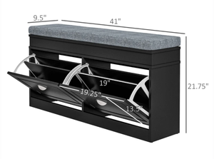 lot 36 image: HOMCOM Modern Shoe Storage Bench, Entry Way Bench with Cushion, 2 Drawers, Storage Ottoman Bench, Holds 8 Pairs, Black