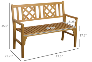 lot 54 image: Outsunny 4FT Folding Outdoor Bench, 2-Seater Wooden Garden Bench with Slatted eat and Back, Patio Bench Outdoor Loveseat with Armrests for Backyard, Porch, Park, Natural