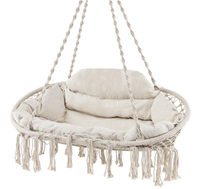 lot 66 image: Tangkula 2-Person Hanging Hammock Chair, Boho Style Macrame Hammock Swing with Soft Cushions, Tassels, Indoor Outdoor Cotton Rope Hanging Swing Chair for Bedroom, Porch, Balcony