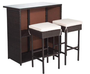 lot 73 image: Toolsempire 3 Pieces Patio Bar Set Outdoor Bar Set, Wicker Bar Set with Tempered Glass Table-Top & Two Stools, Outdoor Furniture Bistro Set for Porch, Poolside, Backyard, (Beige)