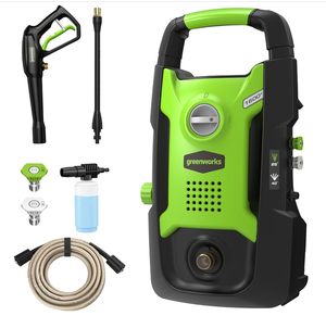 lot 75 image: Greenworks Compact Electric Pressure Washer, 1.2 GPM (CSA Certified, Lightweight, 20 FT Tangle-Free Hose, 35 FT Power Cord) Great For Cars, Fences, Patios, Driveways, Decks and Patios